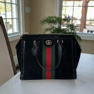 Suede Patent GG Web Small Ophidia Tote Bag Black